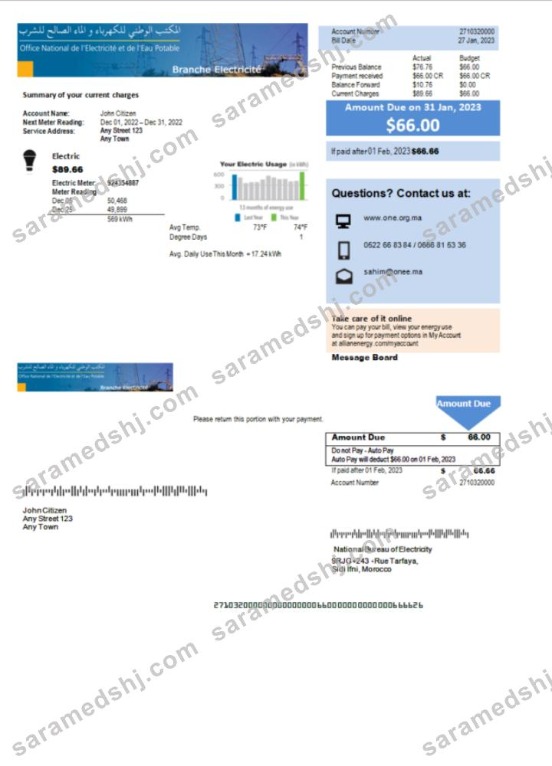 Morocco National Bureau of Electricity utility bill Word and PDF template